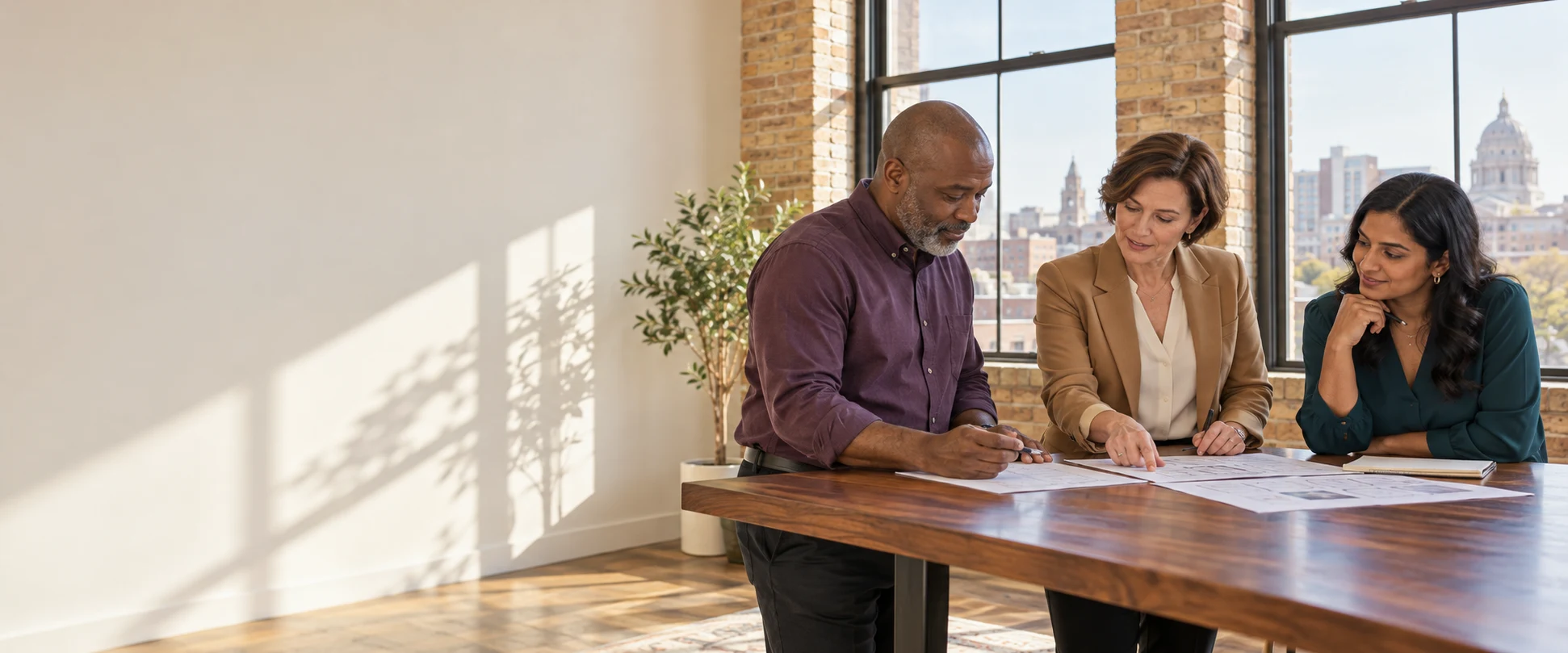Business professionals discussing practical systems and plans together in a sunlit office