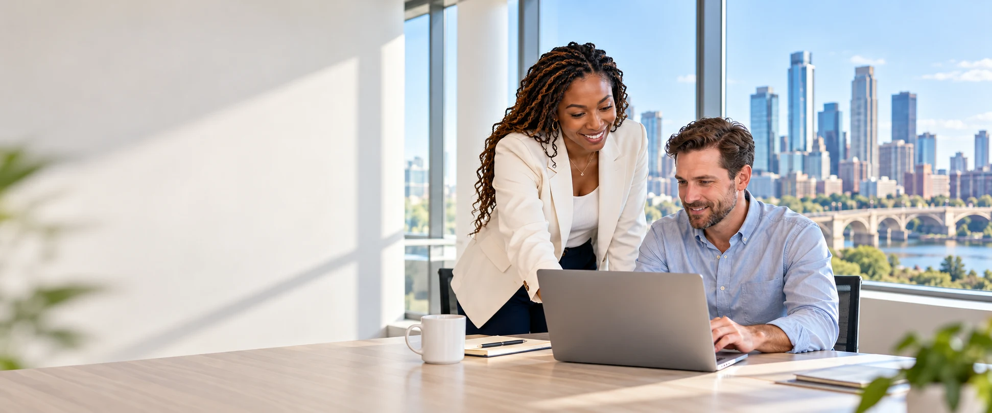 Business colleagues reviewing a laptop together in a bright office