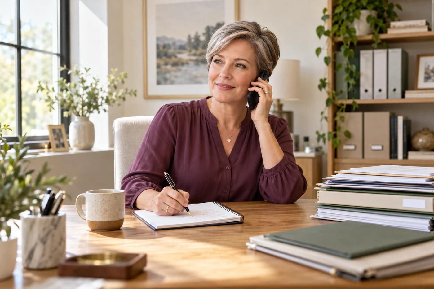 A professional-services business owner handling a customer conversation in her office